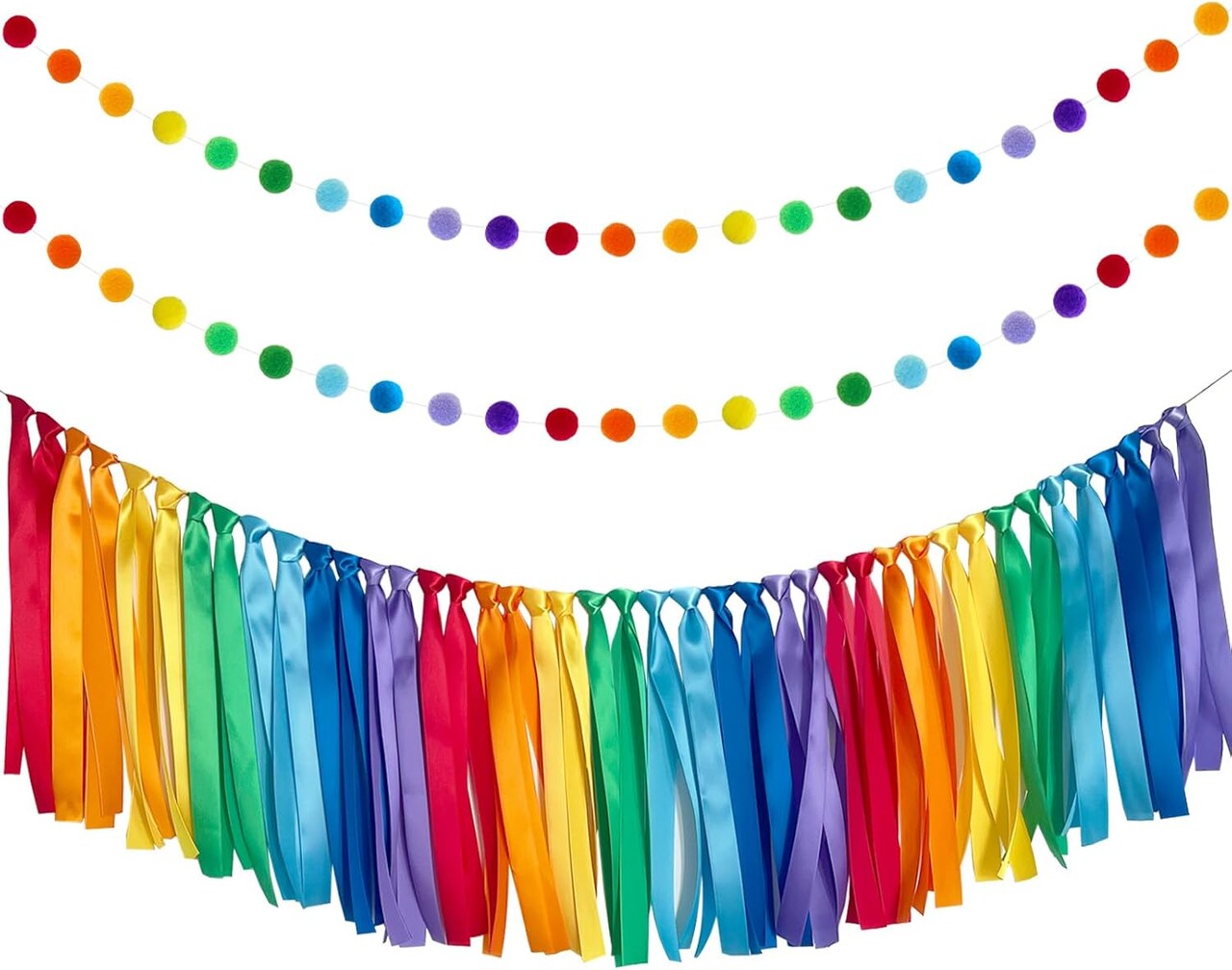 Rainbow Ribbon Felt Ball Garland Fabric Pom Pom Banner(Rainbow)